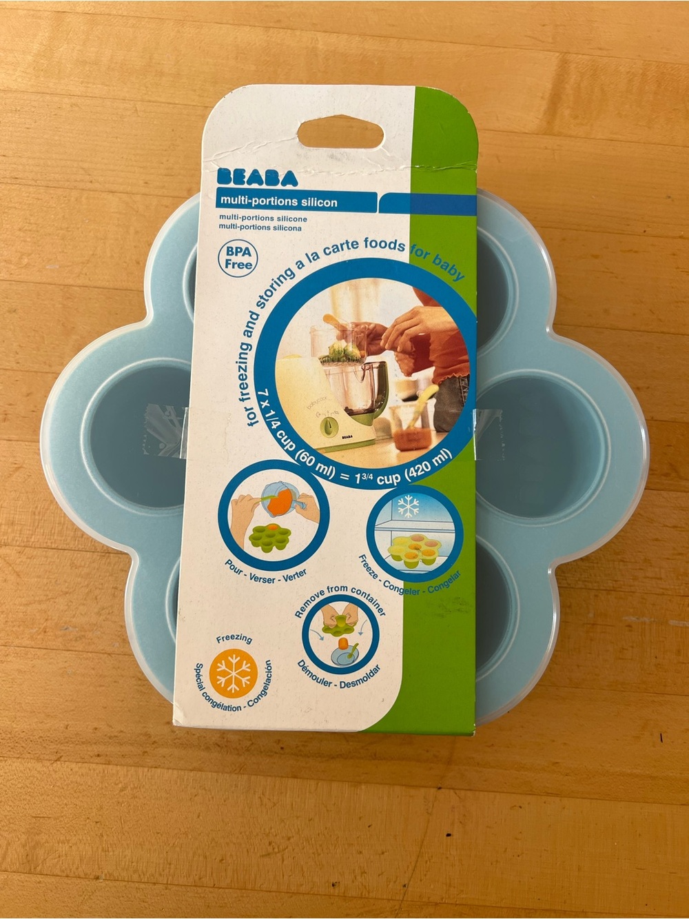 BEABA Silicone Baby Food Portion Storage Tray Container Freezer Blue w Lid
